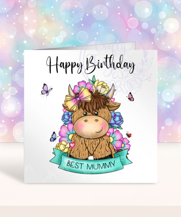 personalised highland cow with bright flowers & banner birthday card