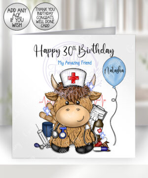 personalised highland cow nurse birthday card