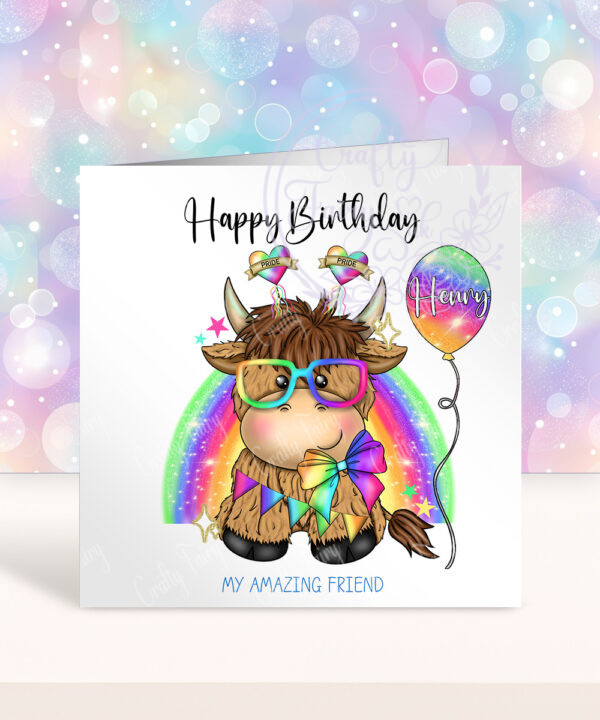 personalised highland cow gay pride birthday card