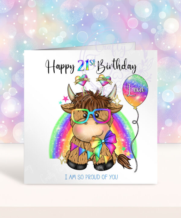personalised highland cow gay pride birthday card