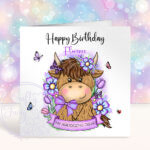 personalised highland cow with purple flowers birthday card