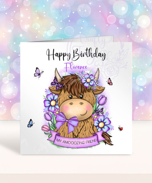 personalised highland cow with purple flowers birthday card