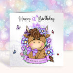 personalised highland cow with purple flowers birthday card