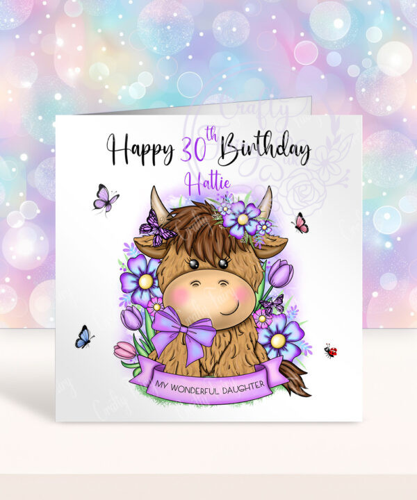 personalised highland cow with purple flowers birthday card
