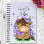 personalised highland cow with purple flowers a5 notebook gift