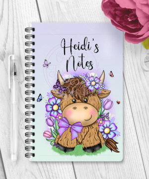 personalised highland cow with purple flowers a5 notebook gift