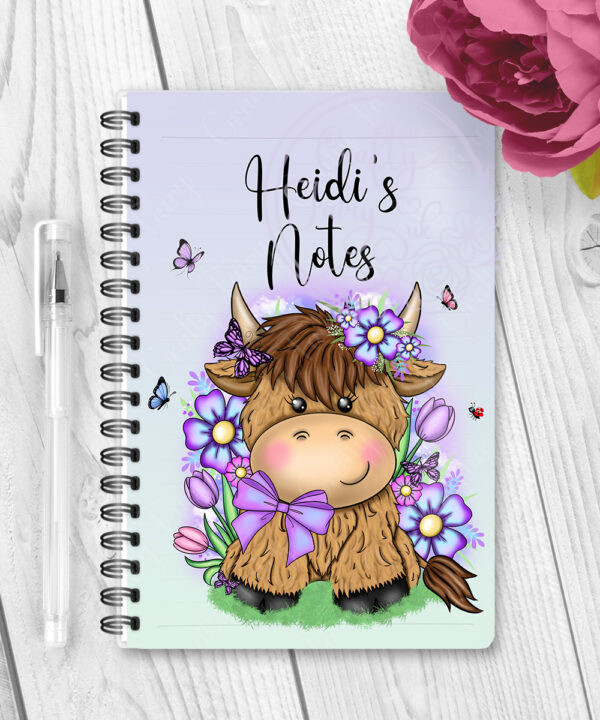 personalised highland cow with purple flowers a5 notebook gift