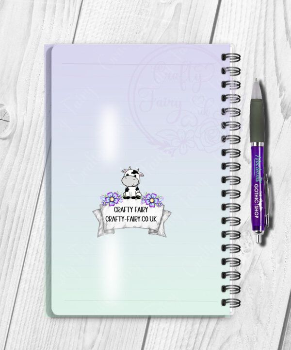 personalised highland cow with purple flowers a5 notebook gift