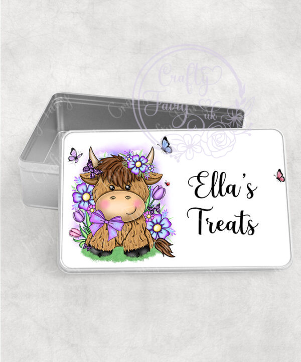 personalised highland cow with purple flowers medium tin