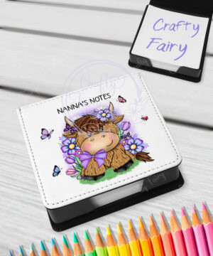 personalised highland cow with purple flowers memo note holder