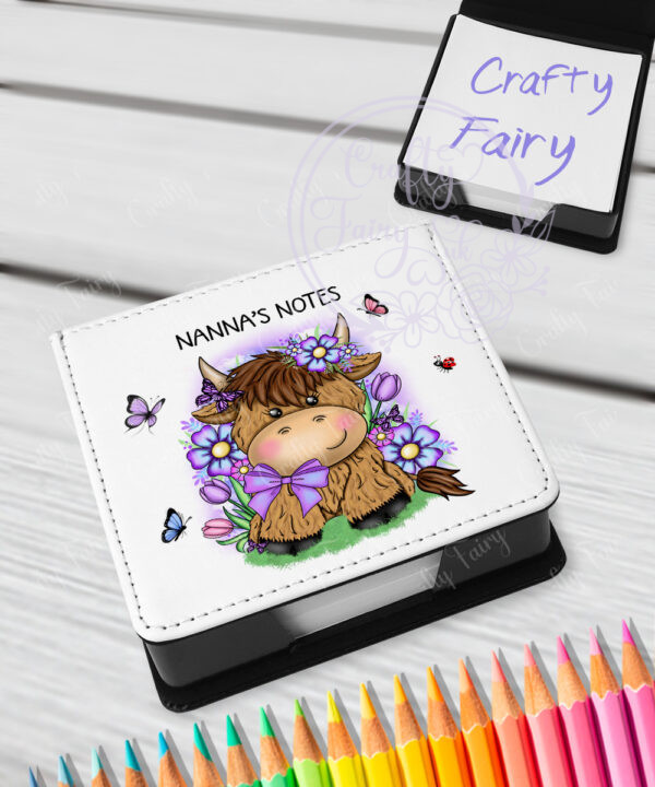 personalised highland cow with purple flowers memo note holder
