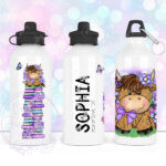 personalised highland cow with purple flowers 600ml water bottle