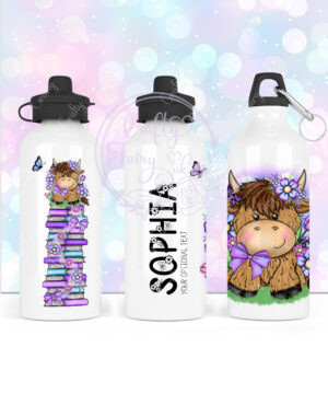 personalised highland cow with purple flowers 600ml water bottle