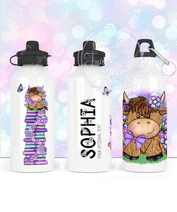 personalised highland cow with purple flowers 600ml water bottle