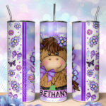 personalised highland cow with purple flowers 600ml 20oz straight tumbler