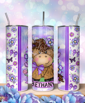 personalised highland cow with purple flowers 600ml 20oz straight tumbler