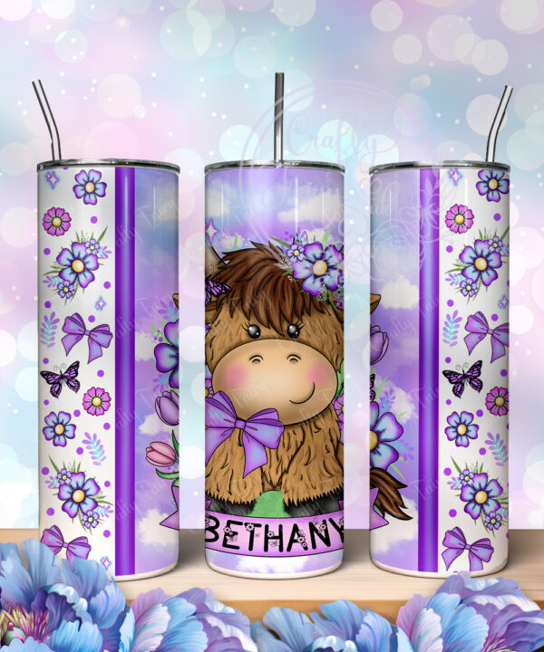 personalised highland cow with purple flowers 600ml 20oz straight tumbler