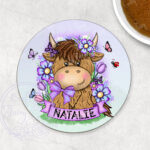 personalised highland cow with purple flowers coaster gift