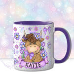 personalised highland cow with purple flowers and butterflies mug gift