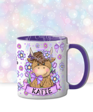 personalised highland cow with purple flowers and butterflies mug gift