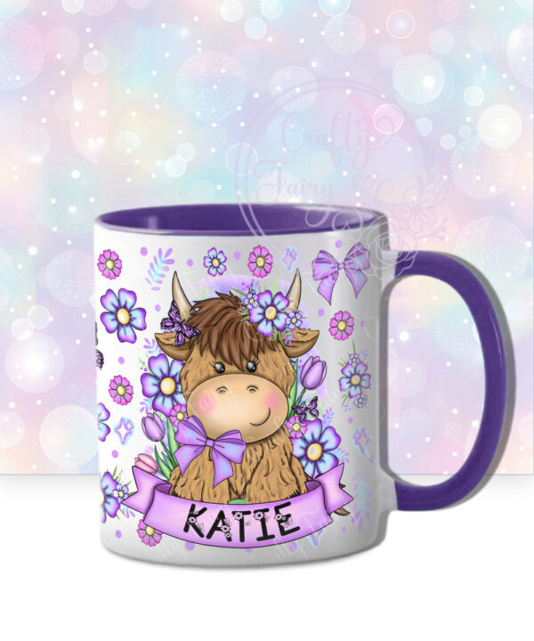 personalised highland cow with purple flowers and butterflies mug gift