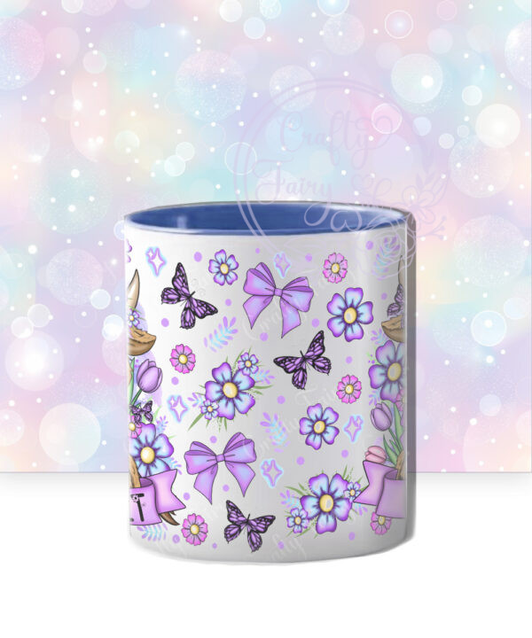 personalised highland cow with purple flowers and butterflies mug gift