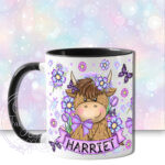 personalised highland cow with purple flowers and butterflies mug gift