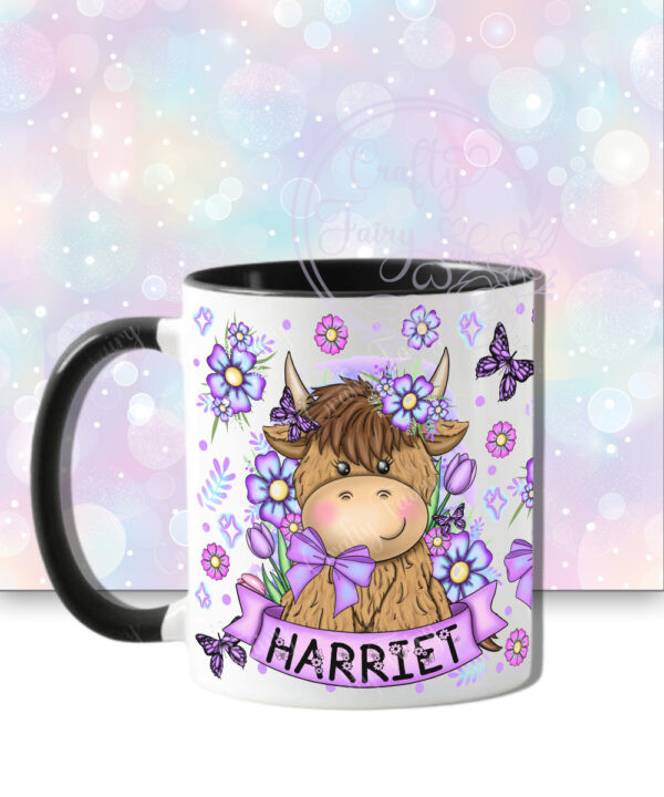 personalised highland cow with purple flowers and butterflies mug gift