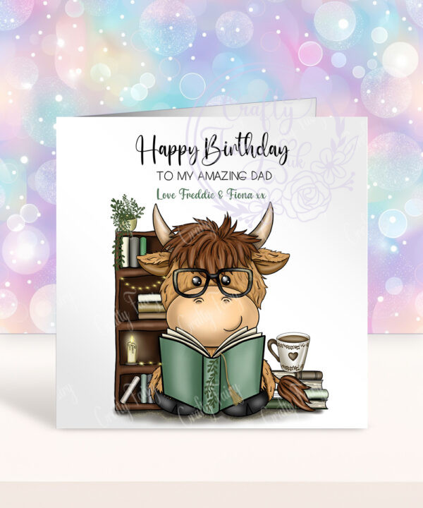 personalised highland cow book lover man's birthday card
