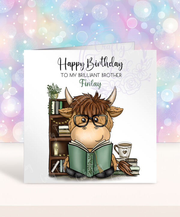 personalised highland cow book lover man's birthday card