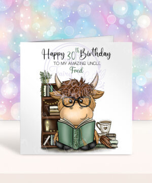 personalised highland cow book lover man's birthday card