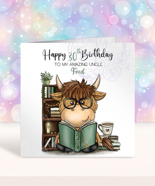 personalised highland cow book lover man's birthday card