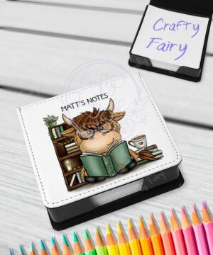 personalised highland cow book lover man's memo note holder