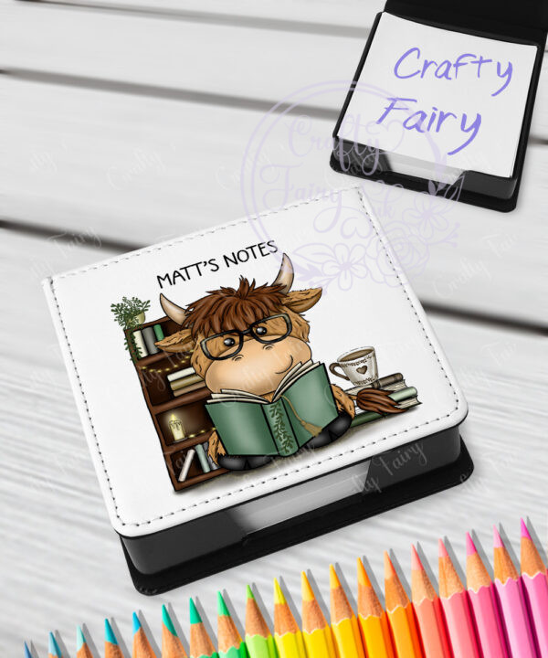 personalised highland cow book lover man's memo note holder
