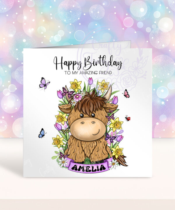 personalised highland cow with bright spring flowers birthday card