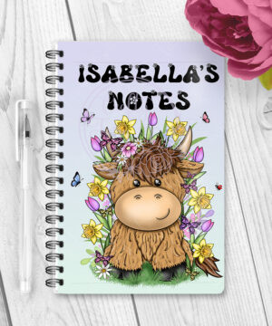 personalised highland cow with bright spring flowers a5 notebook gift