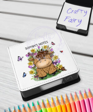 personalised highland cow with bright spring flowers memo note holder