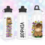 personalised highland cow with bright spring flowers 600ml water bottle