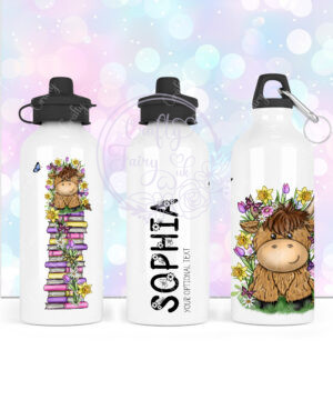 personalised highland cow with bright spring flowers 600ml water bottle