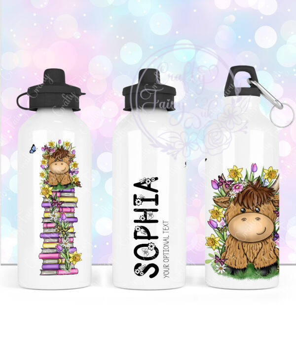 personalised highland cow with bright spring flowers 600ml water bottle