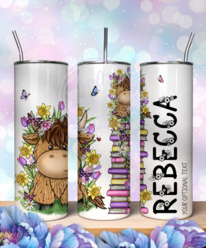 personalised highland cow with bright spring flowers 600ml 20oz straight tumbler