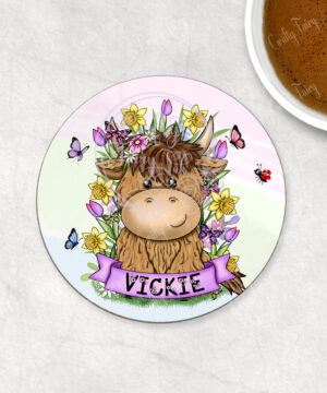 personalised highland cow with bright spring flowers coaster gift
