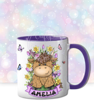 personalised highland cow with bright spring flowers and butterflies mug gift