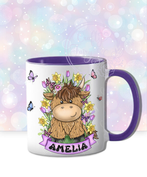 personalised highland cow with bright spring flowers and butterflies mug gift