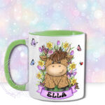 personalised highland cow with bright spring flowers and butterflies mug gift