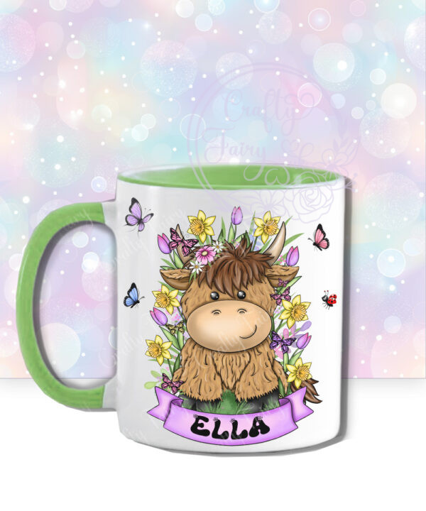 personalised highland cow with bright spring flowers and butterflies mug gift