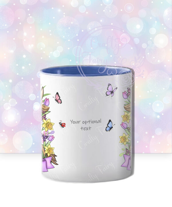 personalised highland cow with bright spring flowers and butterflies mug gift