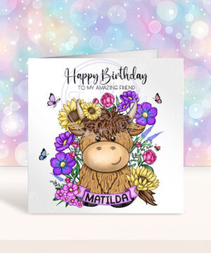 personalised highland cow with sunflowers & purple flowers birthday card