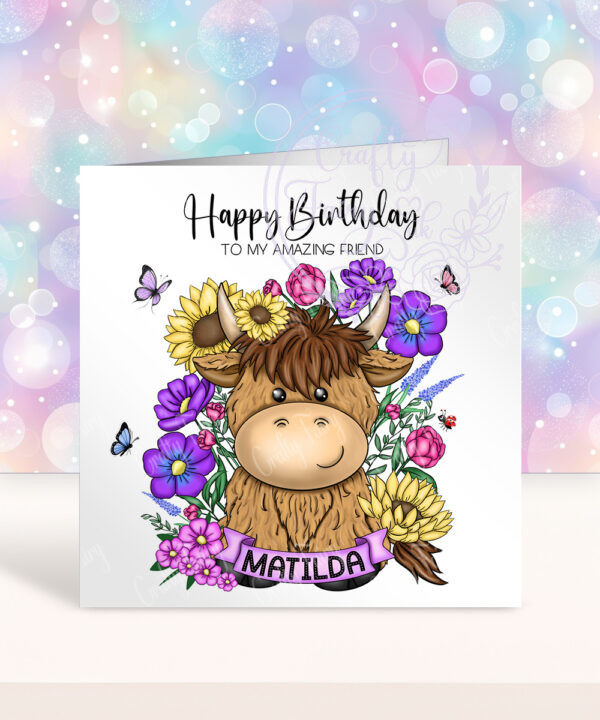 personalised highland cow with sunflowers & purple flowers birthday card
