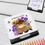 personalised highland cow with sunflowers & purple flowers memo note holder